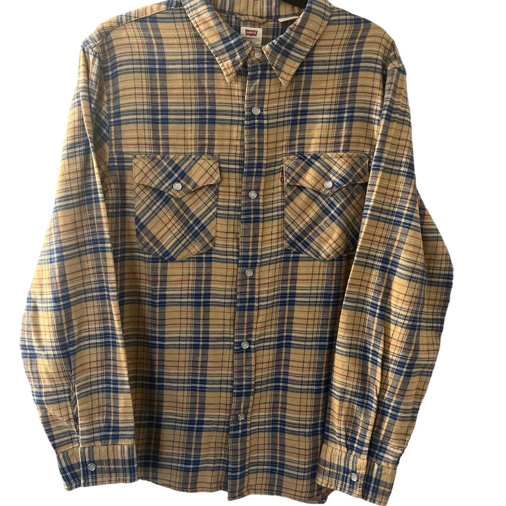 Vintage Levi’s plaid flannel long sleeve pearl snap blue gold yellow